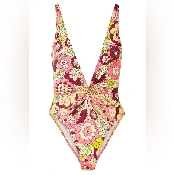NWT Dodo Bar Or A Sunday Drive Swimsuit One Piece Retro Floral Plunge Twist Sz S - Picture 3 of 11